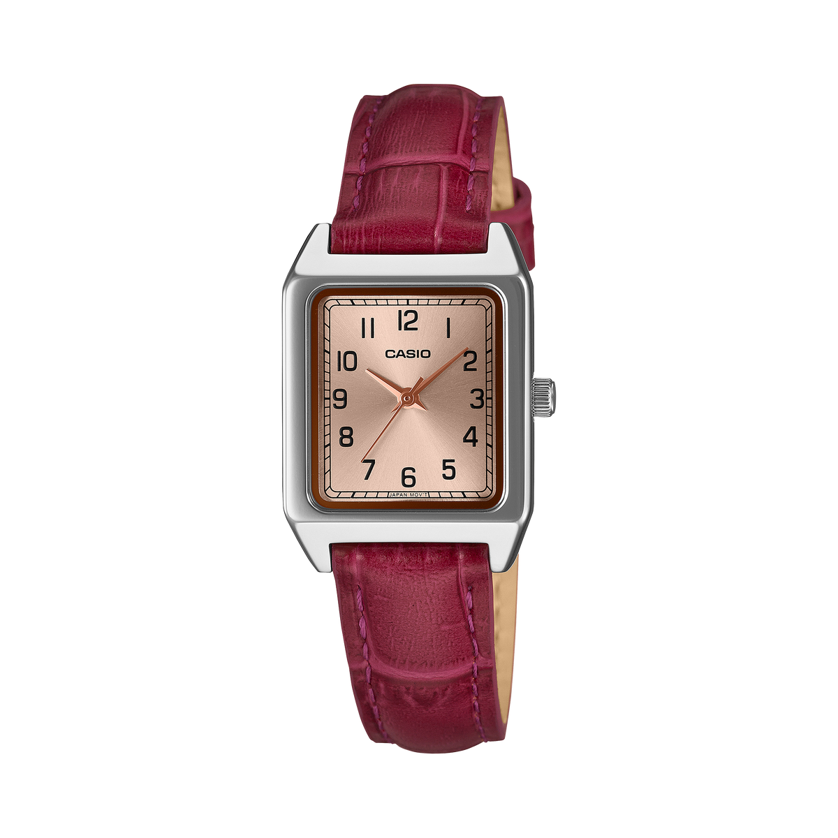 Casio LTP-B150LA-4B2 women's watch with a gold dial and Roman numerals on a red genuine leather band, front view