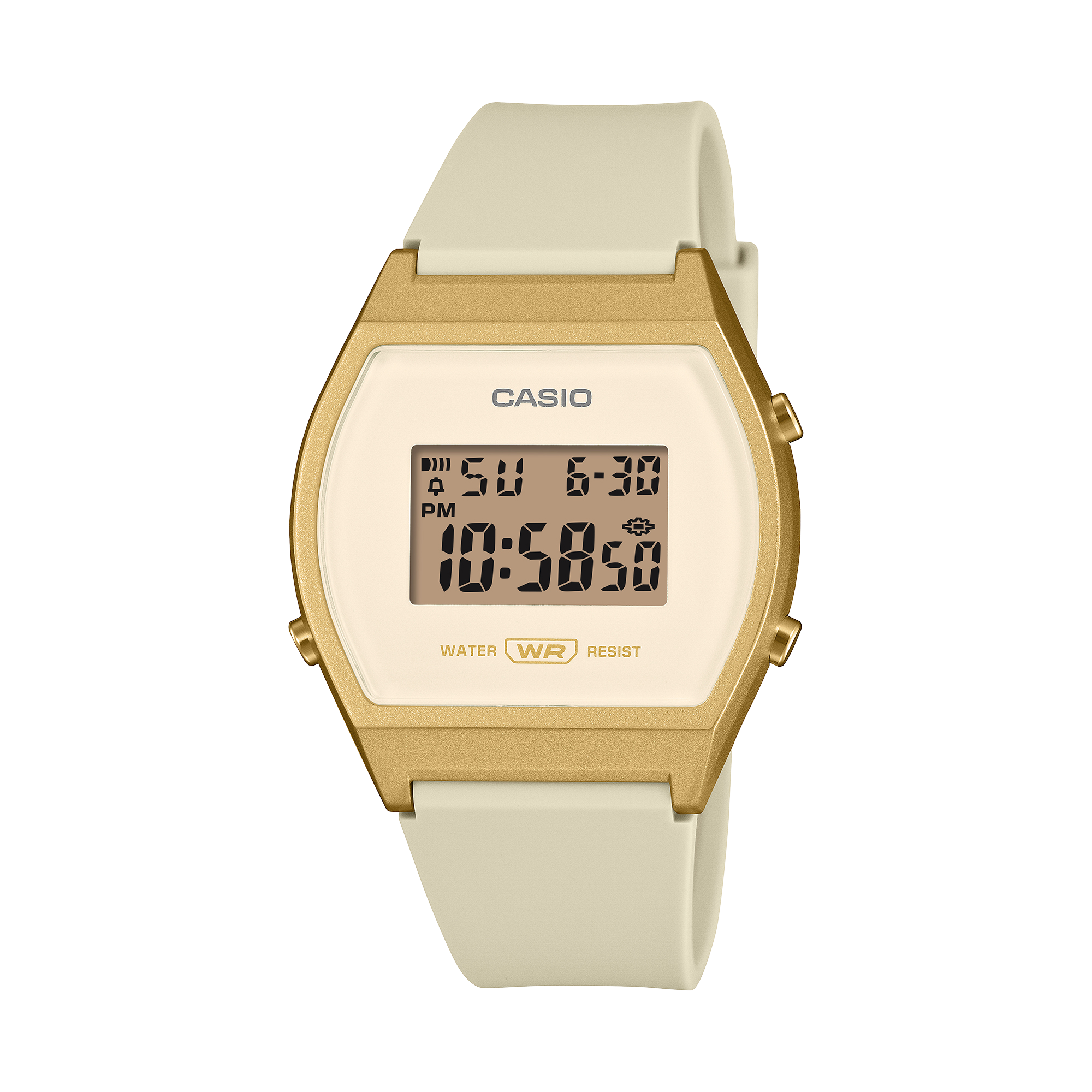 Casio digital wristwatch with a gold bezel and cream resin band.
