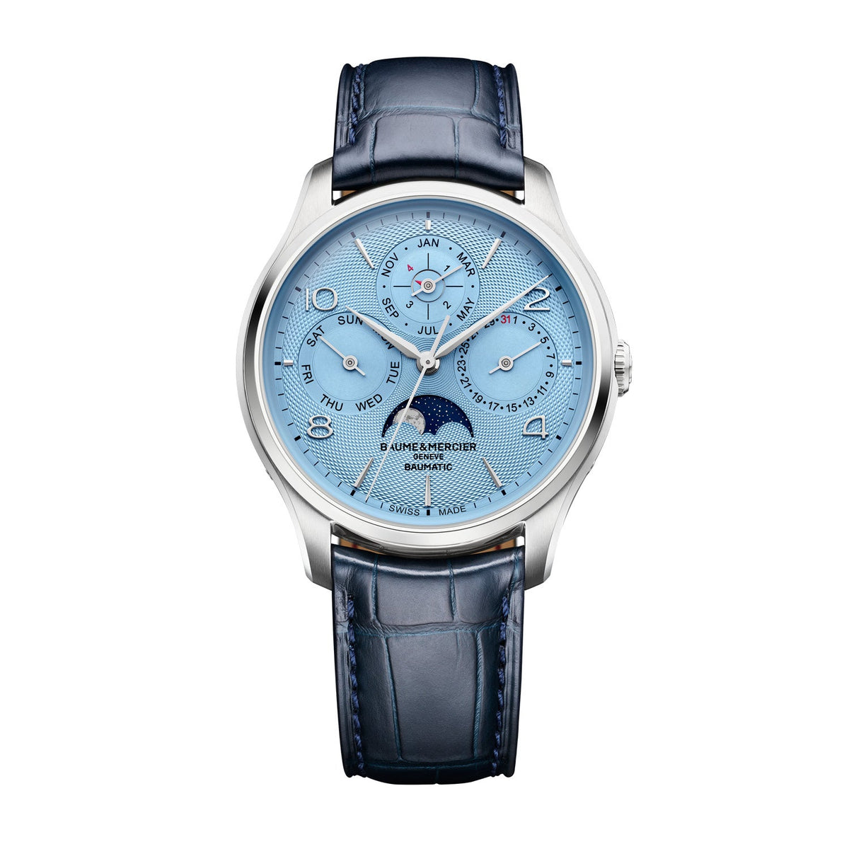 Baume & Mercier Clifton Perpetual Calendar 40mm Blue Dial Leather Watch M0A10872 front packshot