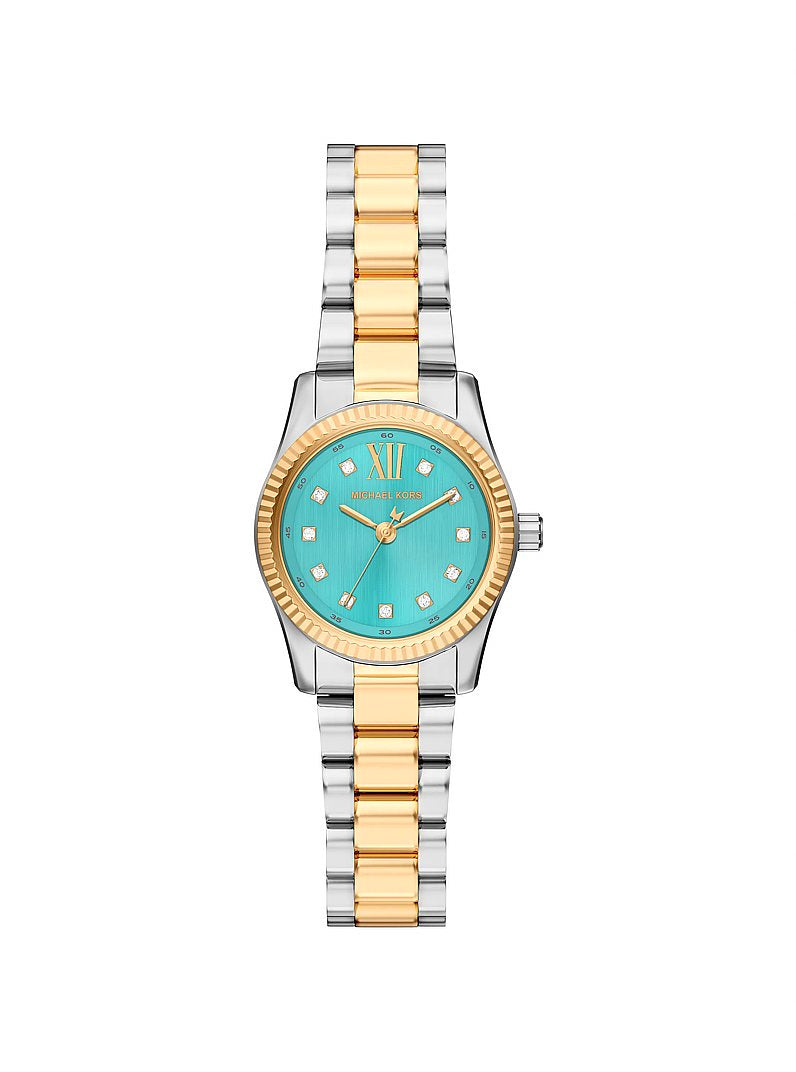 Michael Kors Petite Lexington MK7579 turquoise dial on a two-tone stainless steel bracelet, shown straight on.