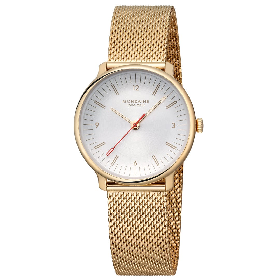 Mondaine Doppio White Dial Gold Mesh Bracelet Watch MLE.33111.SM