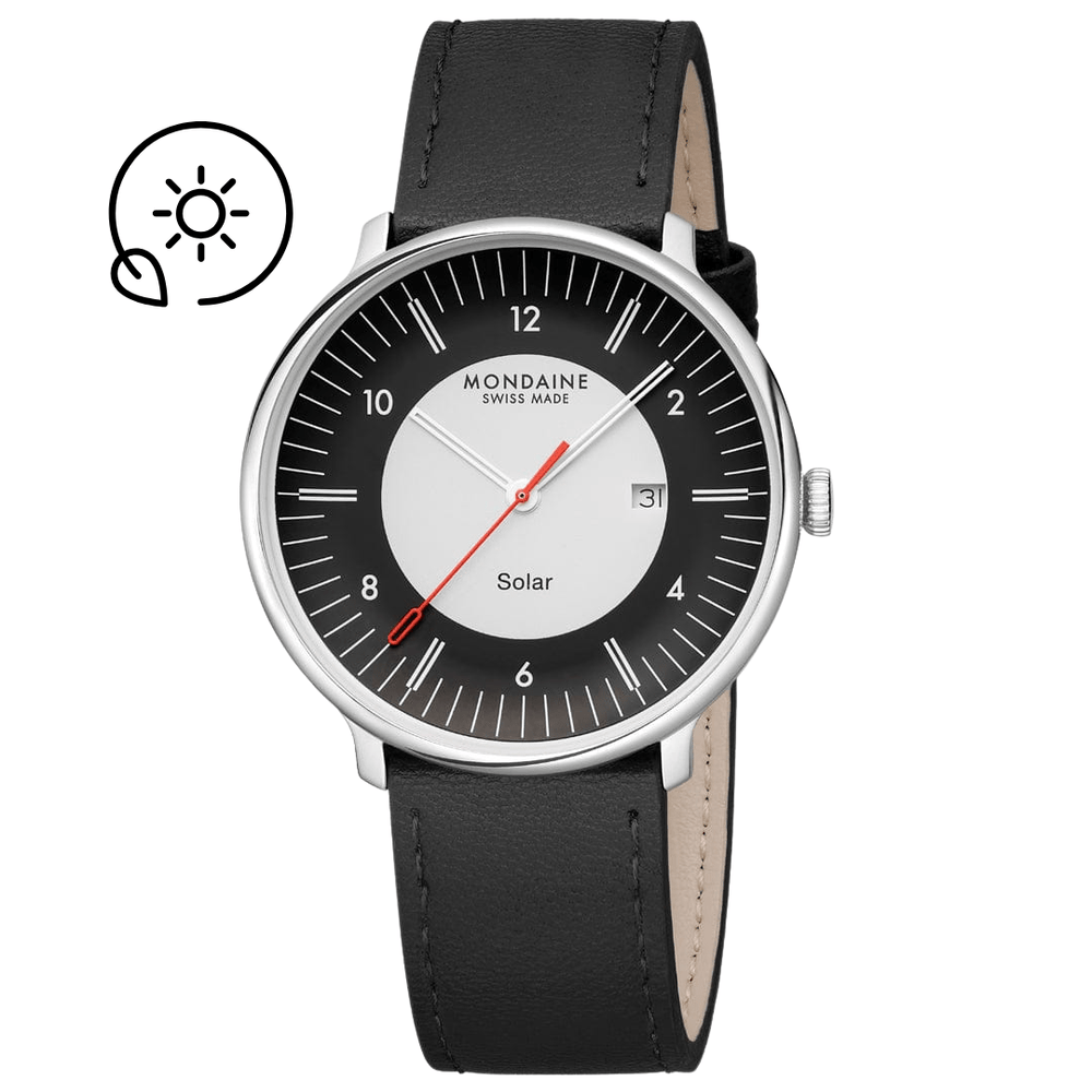 Mondaine Doppio Solar Black Leather Watch MLE.41920.LBV