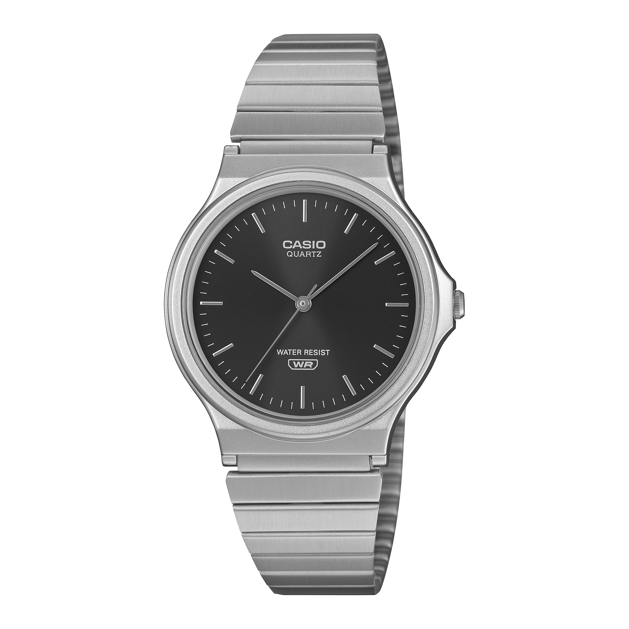 Casio analogue wristwatch with a black sunray dial and stainless steel band.