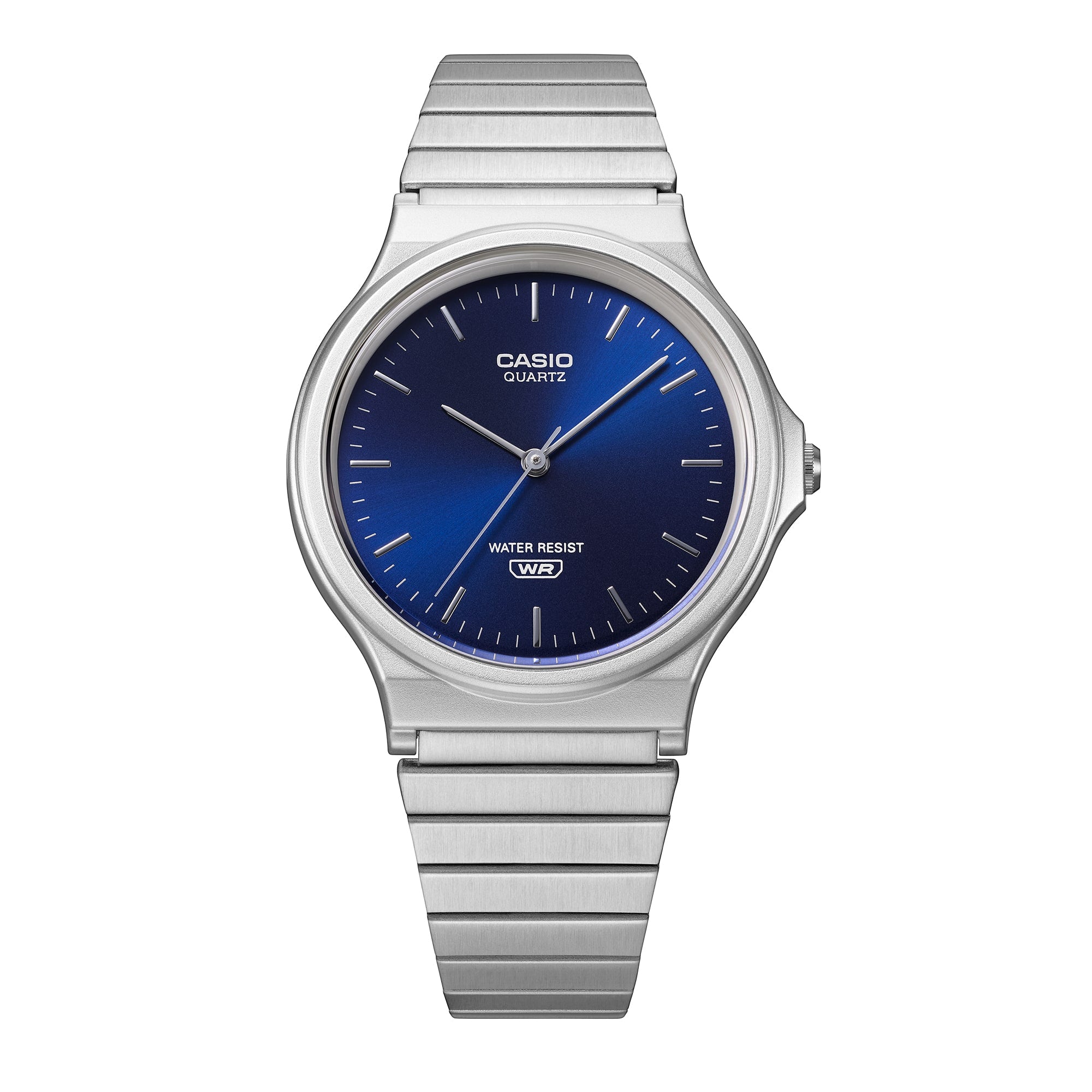 Front view of the Casio MQ24DA-2A blue dial and steel bracelet.