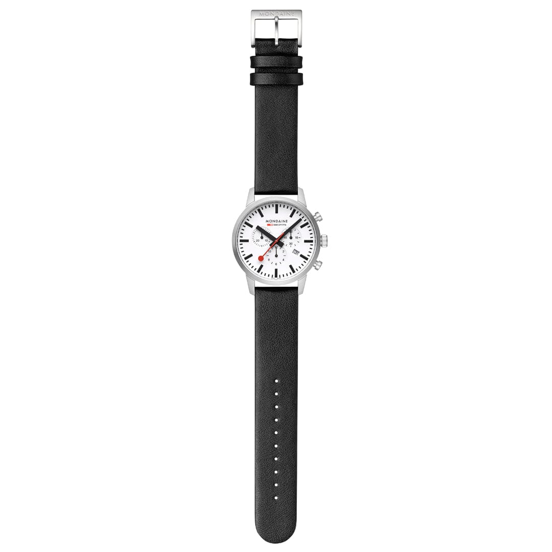 Wristwatch with a white dial, black leather strap, and chronograph subdials.