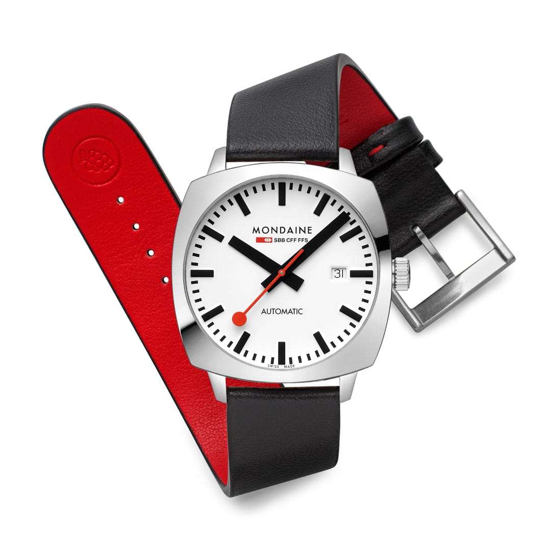 Mondaine Grand Cushion Automatic White Dial Black Leather Watch MSL.3961B.LBV