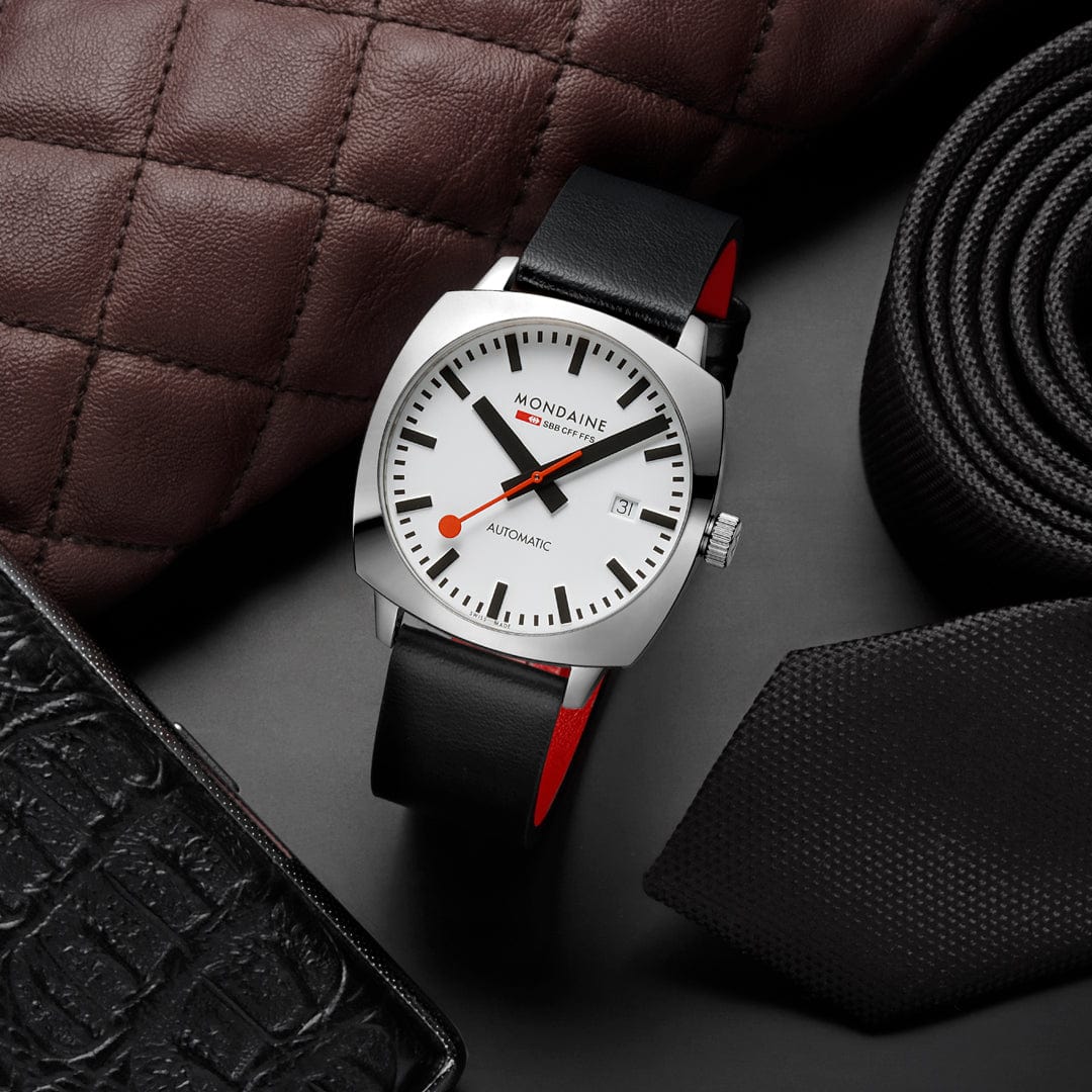 Mondaine Grand Cushion Automatic White Dial Black Leather Watch MSL.3961B.LBV