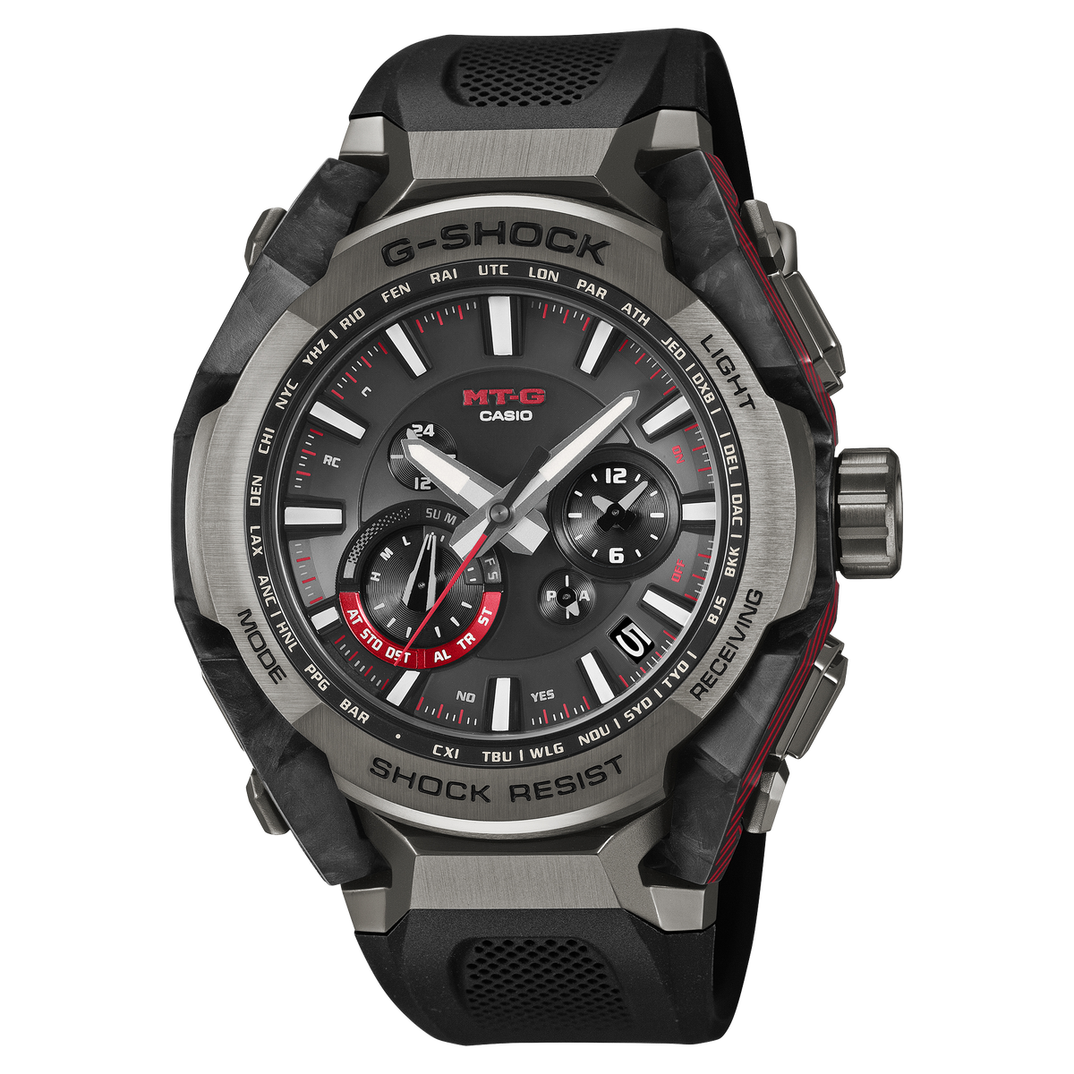 G-Shock MT-G wristwatch with a black carbon and steel case and black resin band.