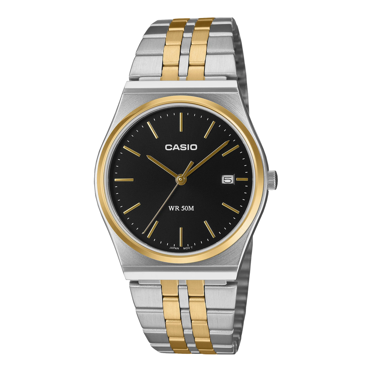 Casio Analog Two Tone Silver and Gold Black Dial Stainless Steel Watch MTPB145SG-1A