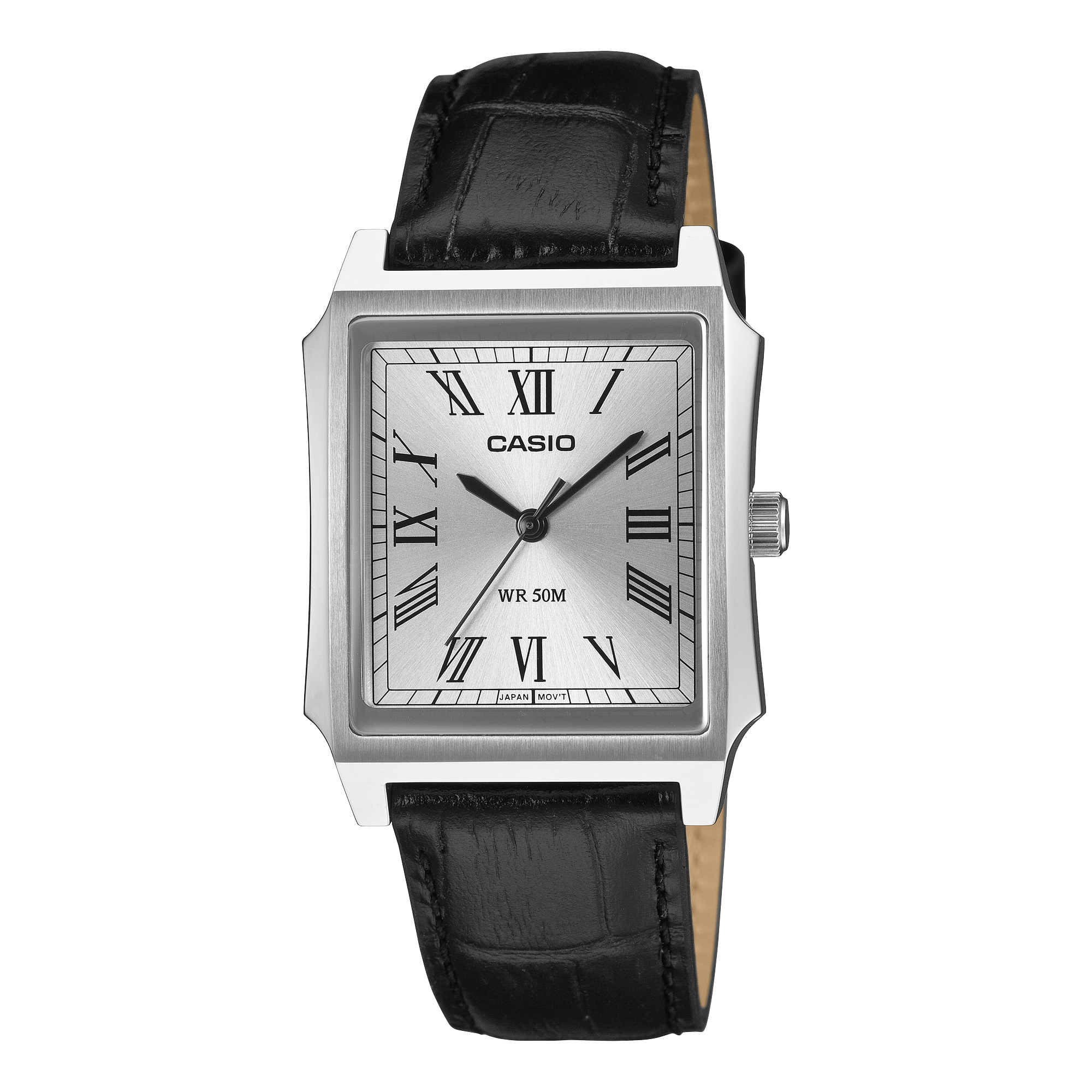 Casio Vintage MTP-B190L-7B silver rectangular men's watch with leather strap