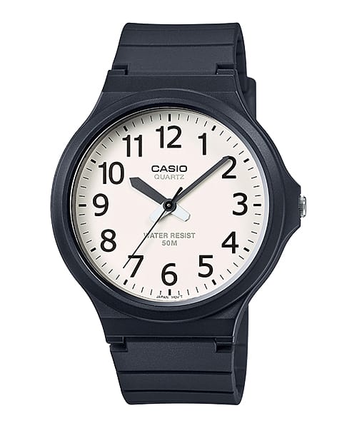 Casio MW240-7B men's analogue watch with a large white dial on a black resin strap, front view