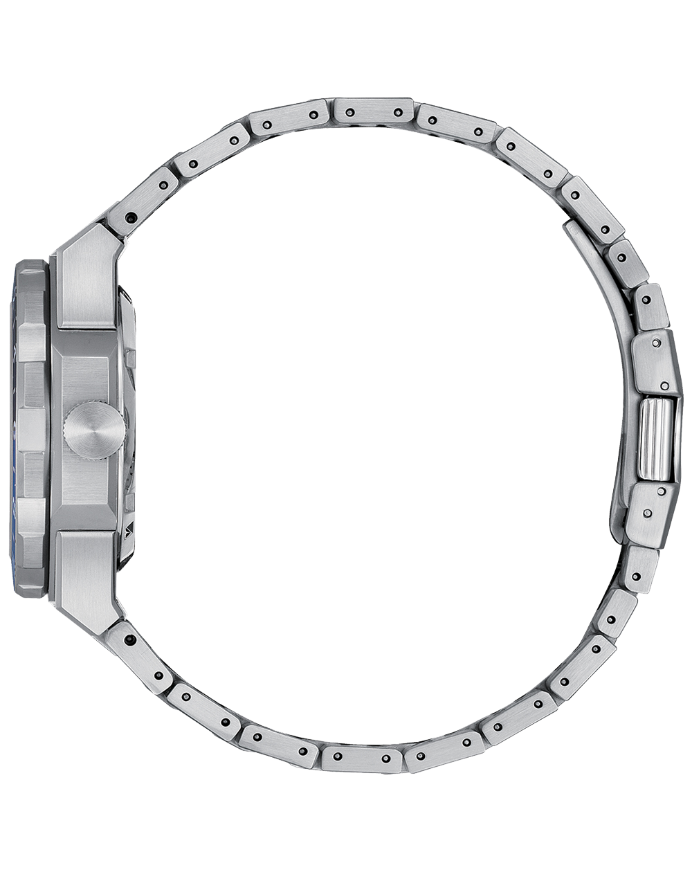 Stainless steel wristwatch with a circular face and metal link bracelet.