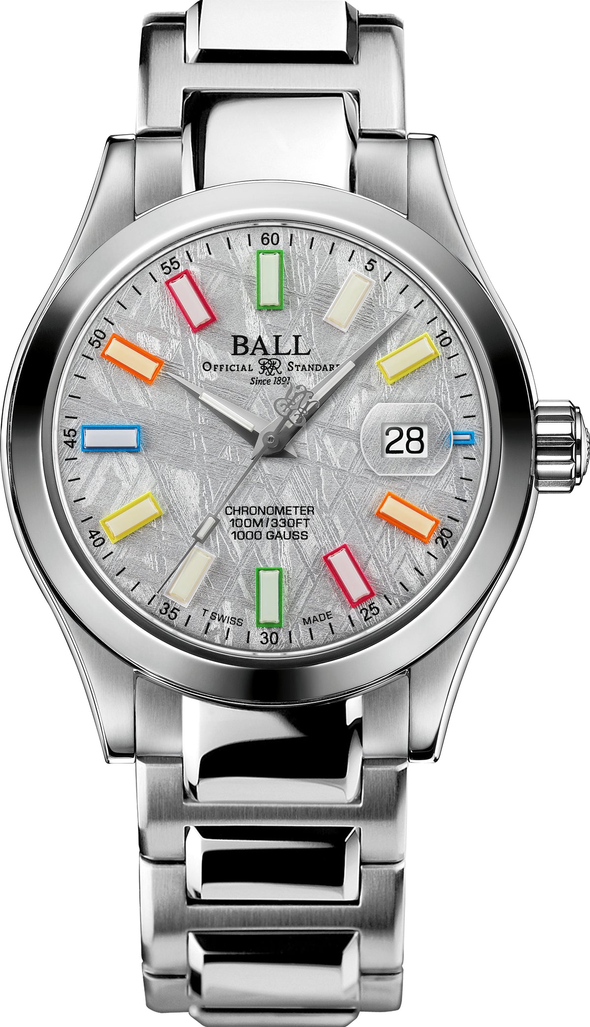 Ball Engineer III Marvelight Chronometer Meteorite watch with silver stainless steel band, meteorite dial, and colorful luminous markers.