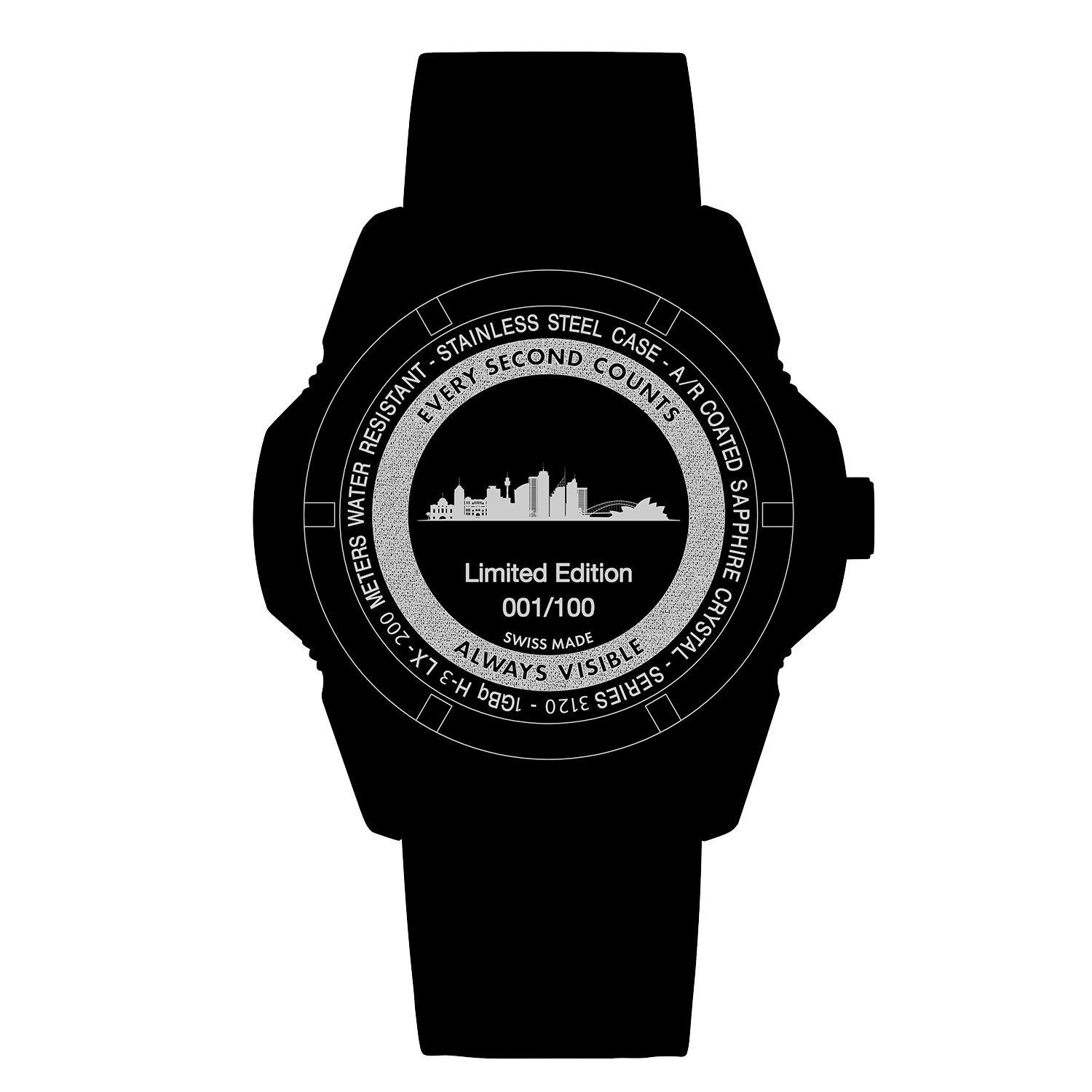 Black wristwatch with a limited edition cityscape design on its face.
