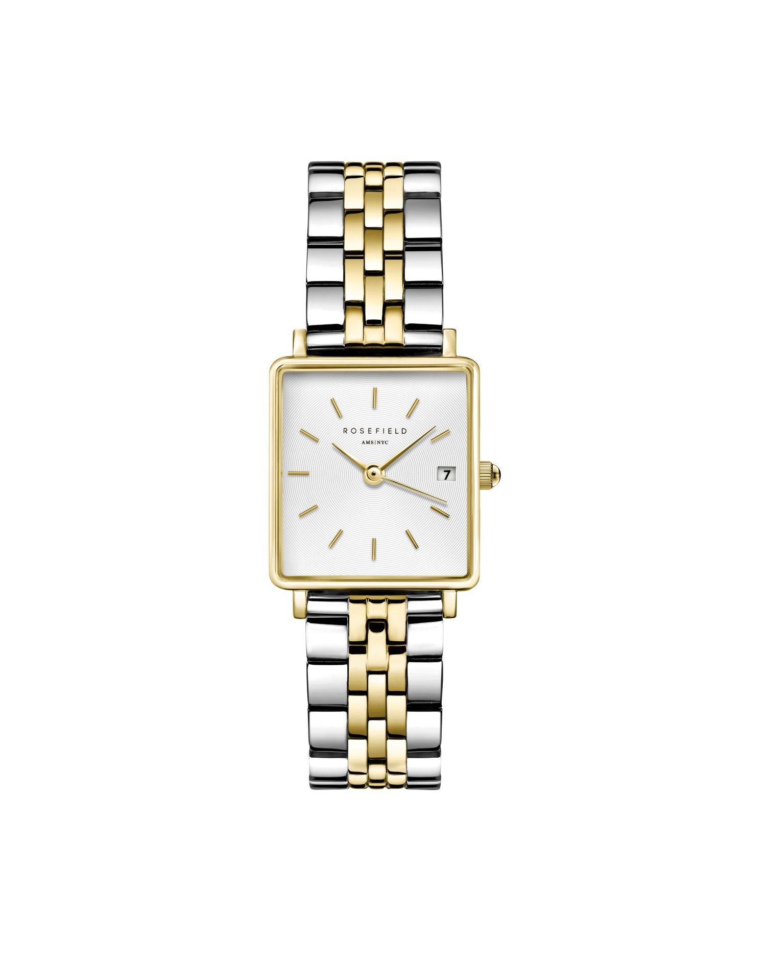 Rosefield The Boxy XS White Sunray Steel Silver Gold Duo Watch QMWSSG-Q023