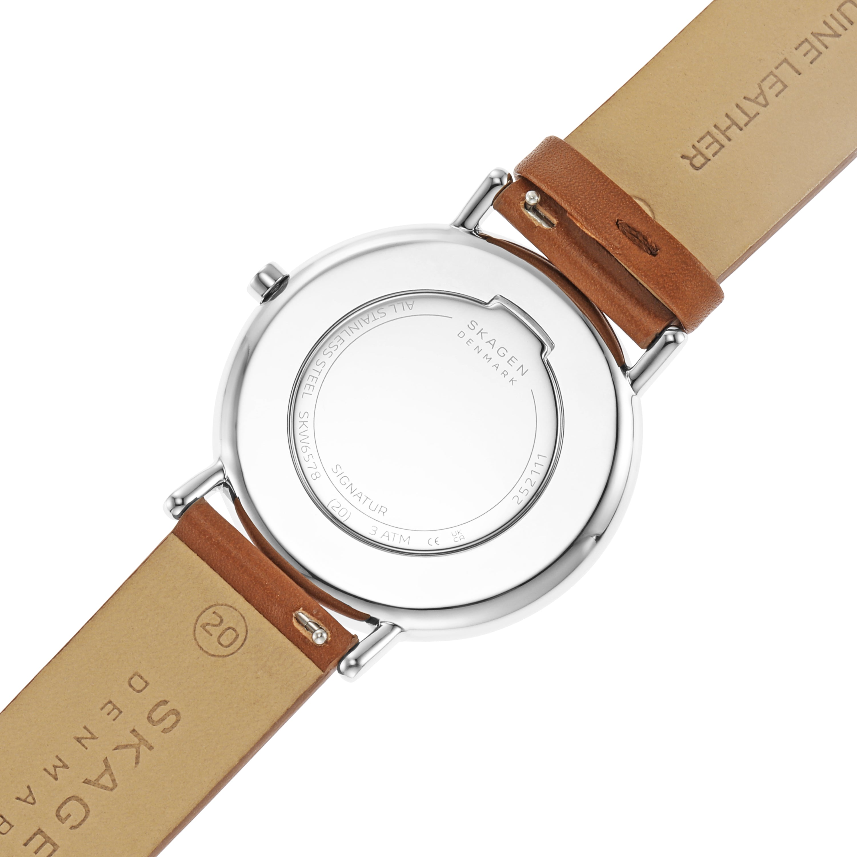 Wristwatch with a silver case and brown leather strap.
