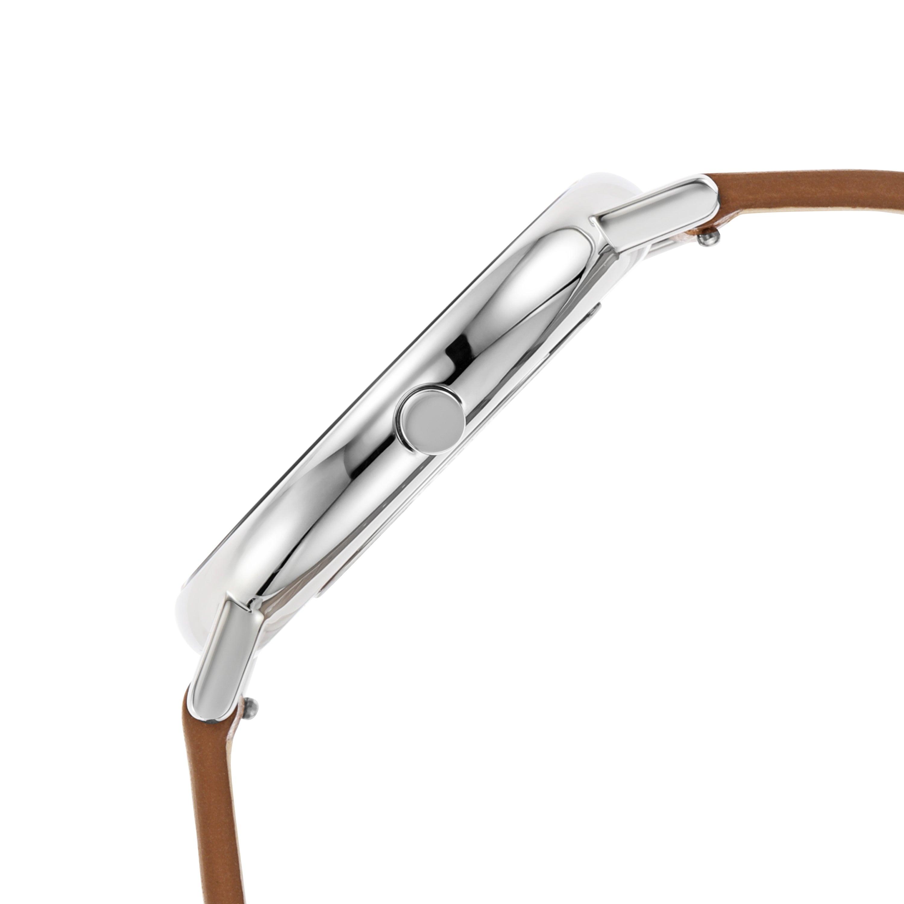 Side view of a sleek wristwatch with a silver case and brown leather strap.