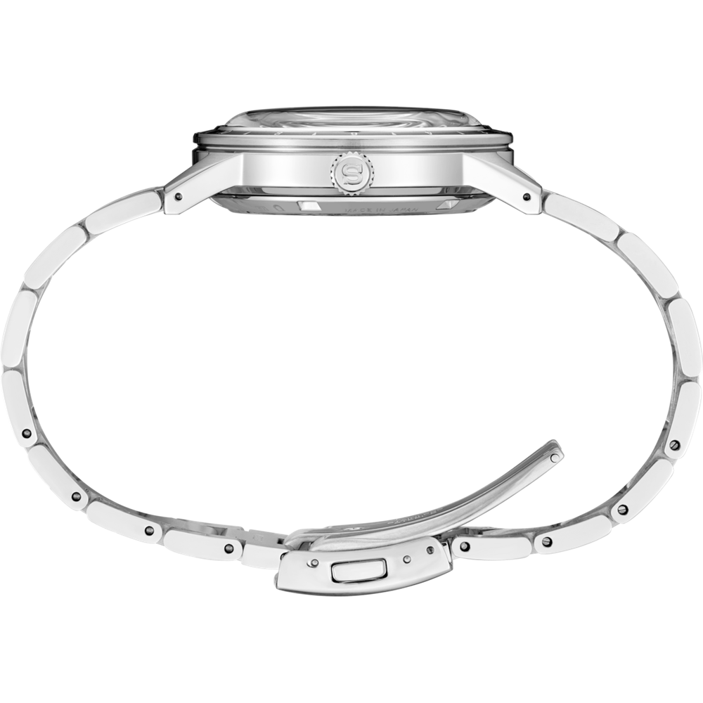 Sleek silver wristwatch with a round face and metal link bracelet.