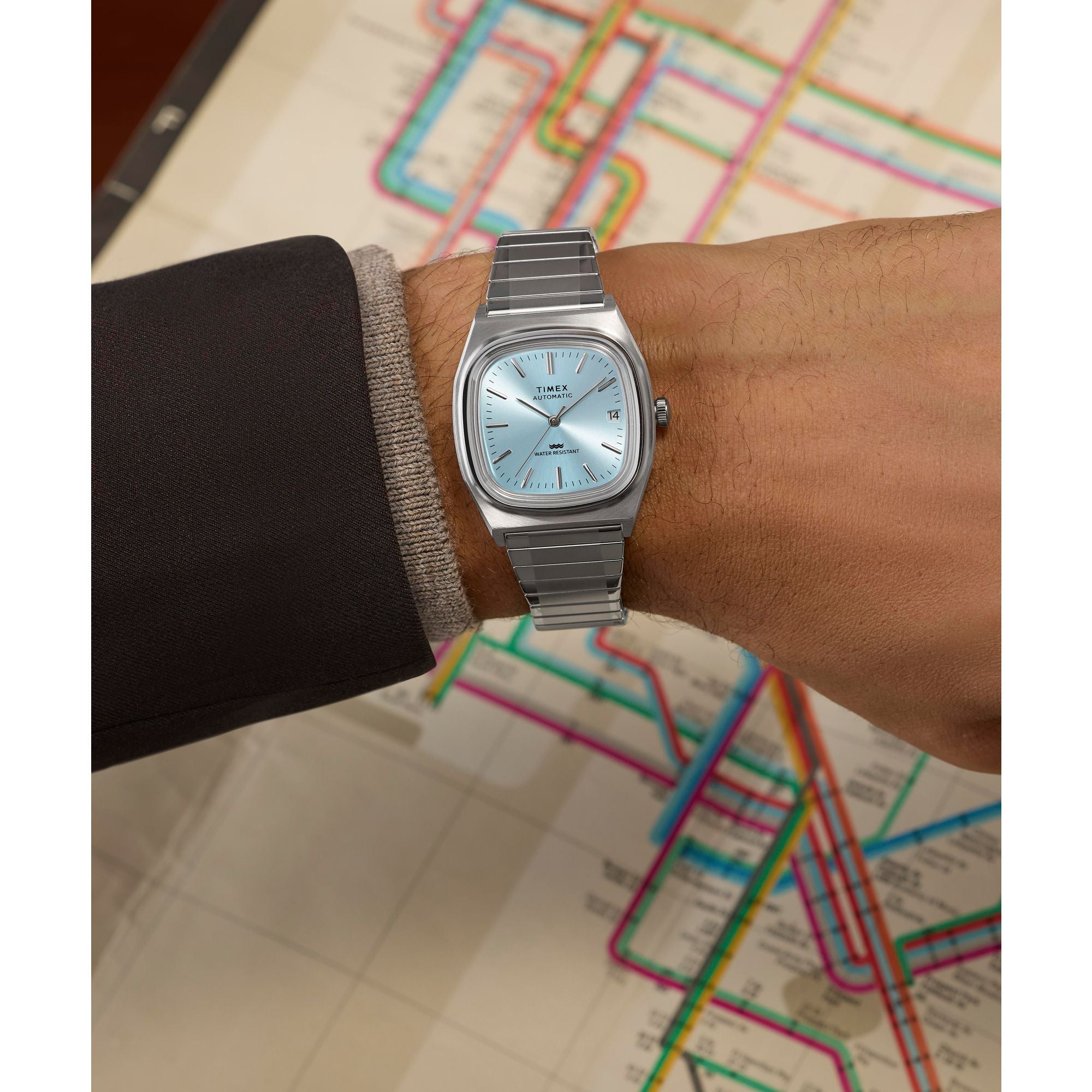 Timex E-Line Automatic 1983 Reissue Ice Blue Stainless Steel Band Watch TW2Y66700