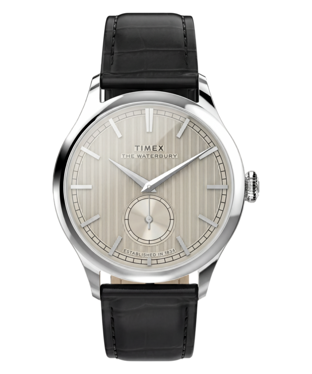 Timex Waterbury Classic TW2Y92000 white textured dial with small seconds on a black leather strap