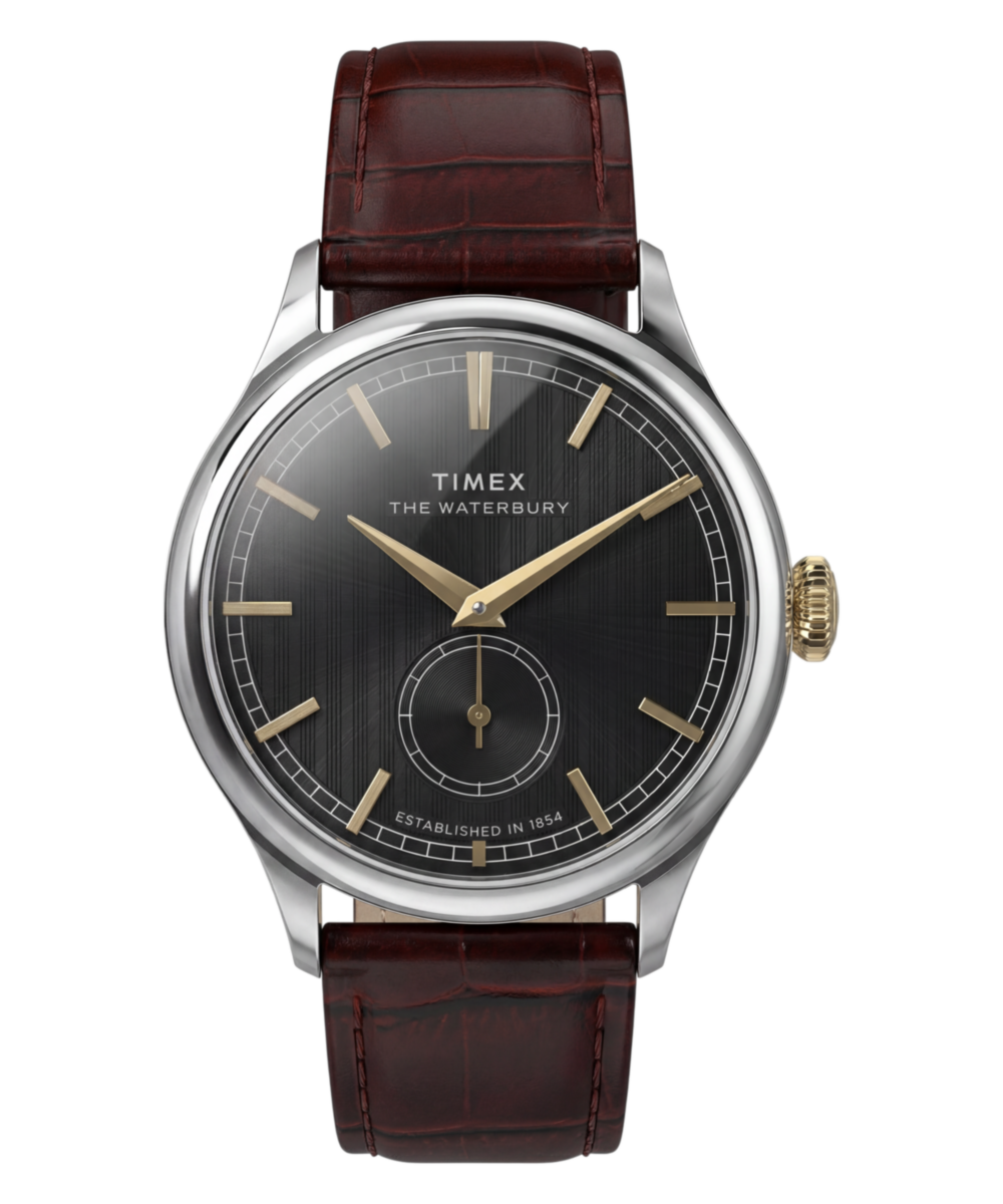 Timex Waterbury Classic TW2Y92100 black textured dial with gold-tone markers on a brown leather strap