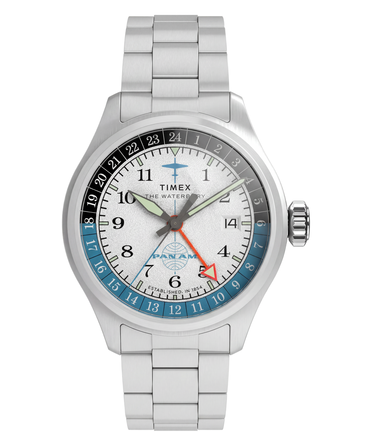 Timex Waterbury Pan Am GMT 41mm Silver Dial Steel Bracelet TW2Y94600 front packshot