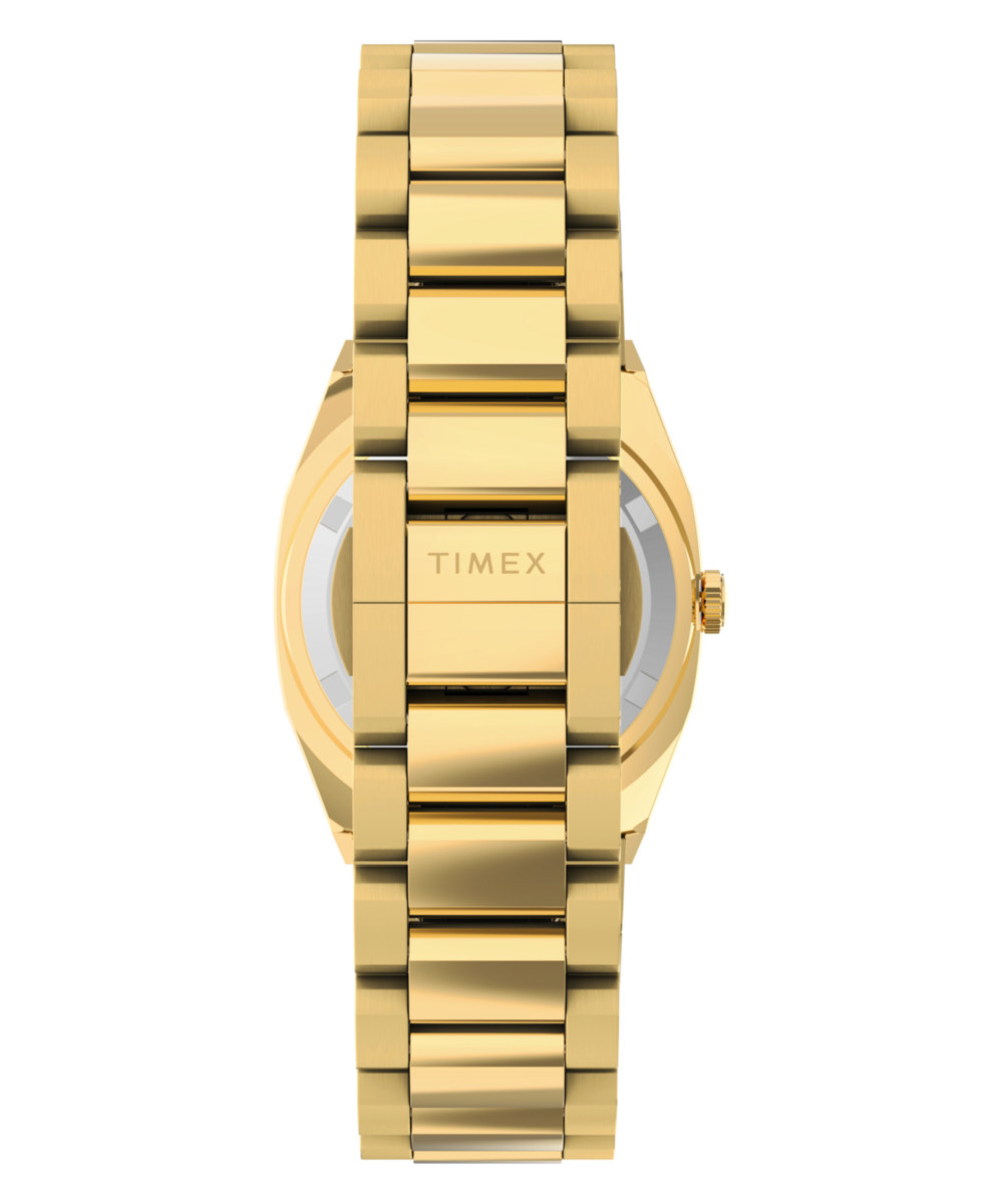 Side profile of the Timex E Line TW6A00900 showing the slim gold-tone stainless steel case