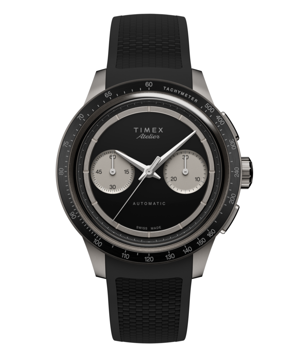 Timex Atelier Chronograph Automatic M1a Ti TW6A02800 matte black bi-compax dial in a 42mm titanium case on a black rubber strap