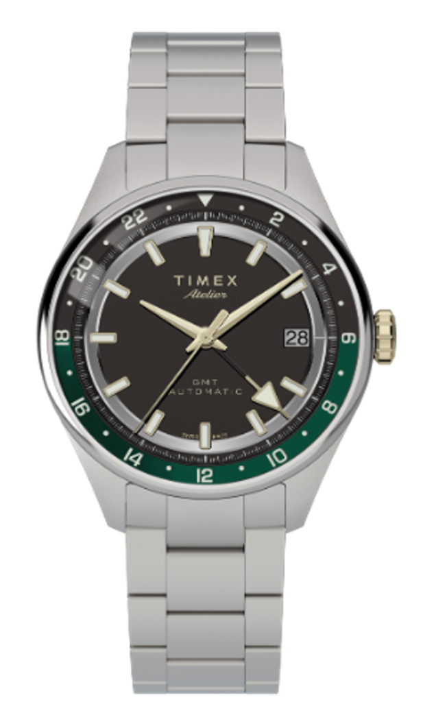 Timex Atelier GMT Premiere M1a TW6A07200 black dial in a 38mm stainless steel case on a steel bracelet