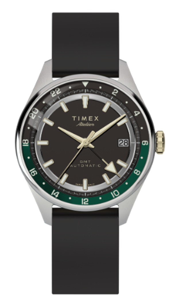 Timex Atelier GMT Premiere M1a TW6A07300 black dial in a 38mm stainless steel case on a black rubber strap