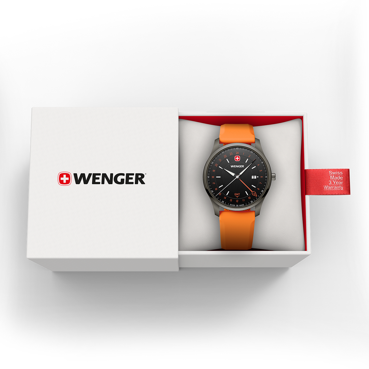 Wenger City GMT 42 01.1442.104 product view of the orange silicone strap and buckle