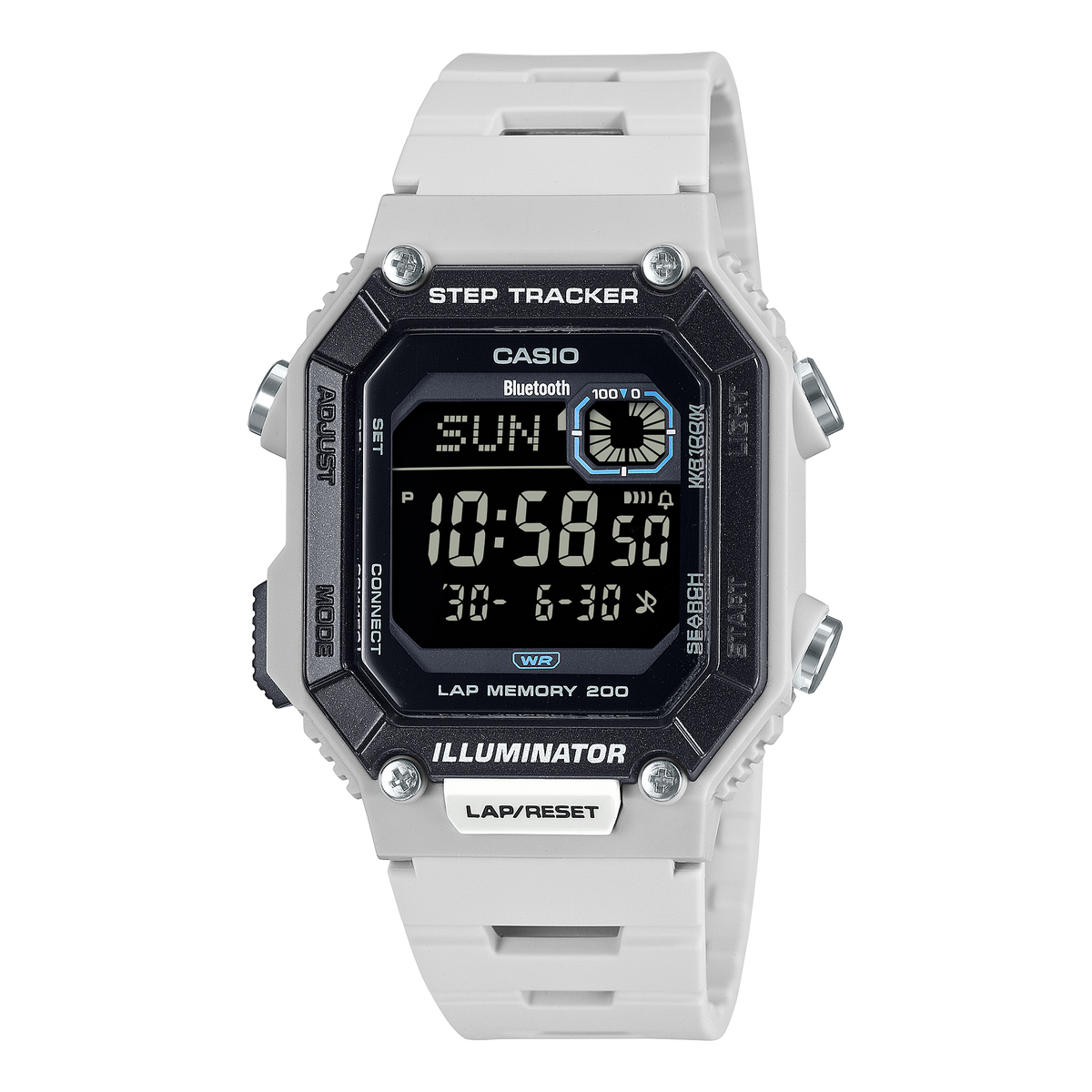 Casio Step Tracker White Resin Band Watch WSB1000-8B with a sporty square design, front button, and perforated urethane band.