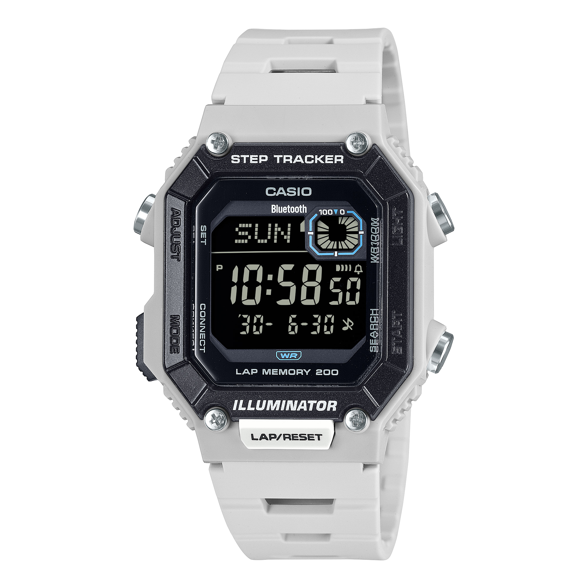 Casio Step Tracker White Resin Band Watch WSB1000-8B with a sporty square design, front button, and perforated urethane band.