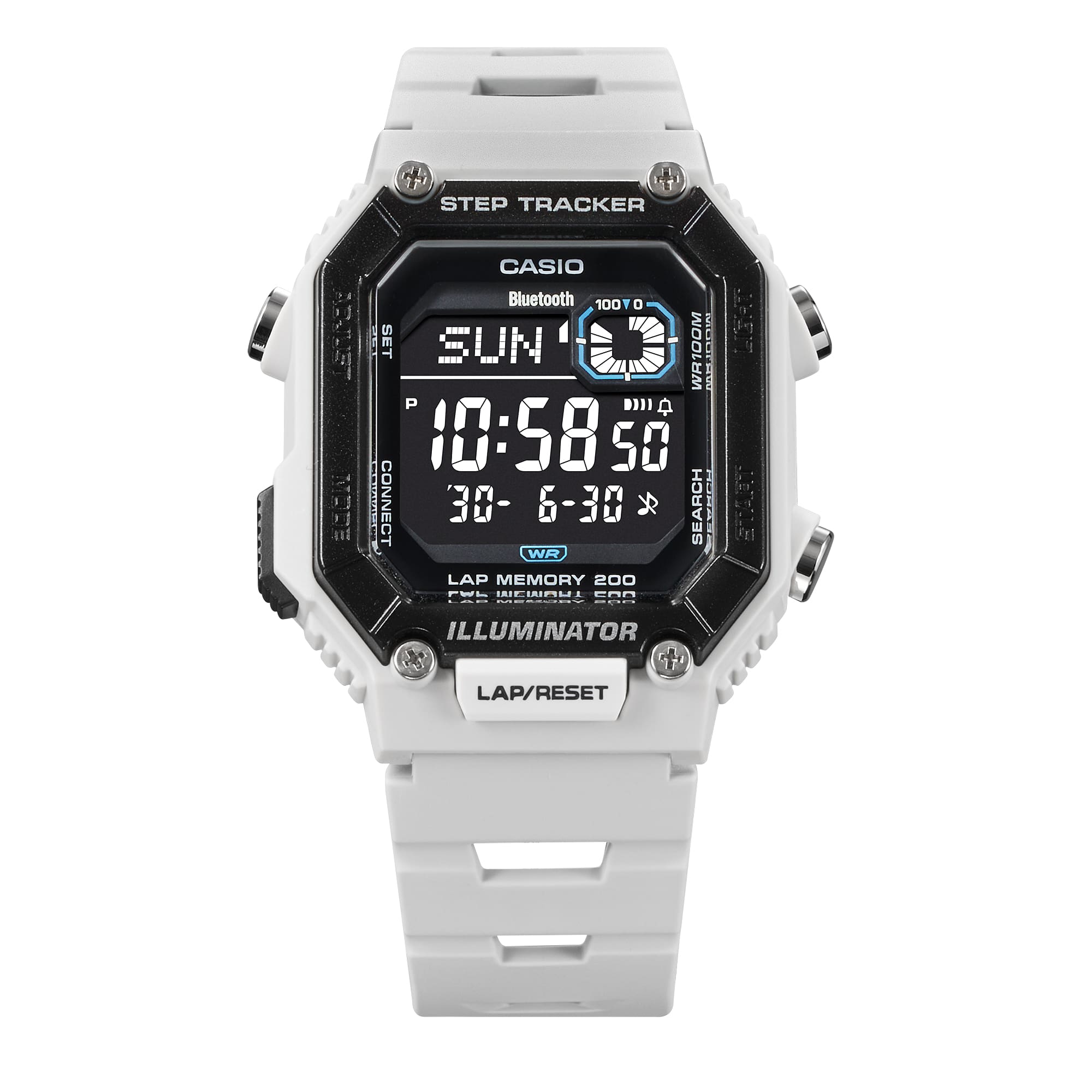Casio Step Tracker White Resin Band Watch WSB1000-8B with a sporty square design, front button, and perforated urethane band.