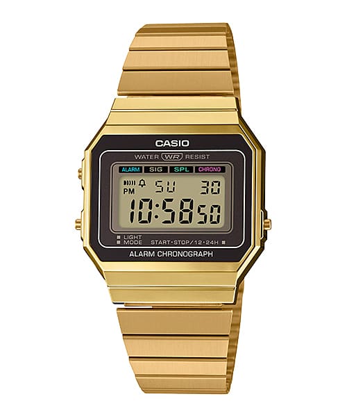 Casio Vintage A700WG-9A digital watch with gold-tone case and stainless steel bracelet, front view