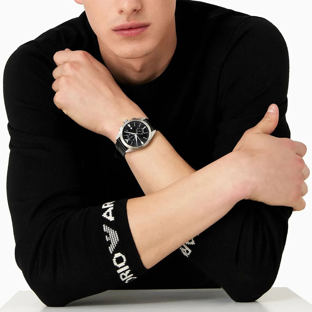 Emporio Armani Black Dial Black Leather Watch AR11542