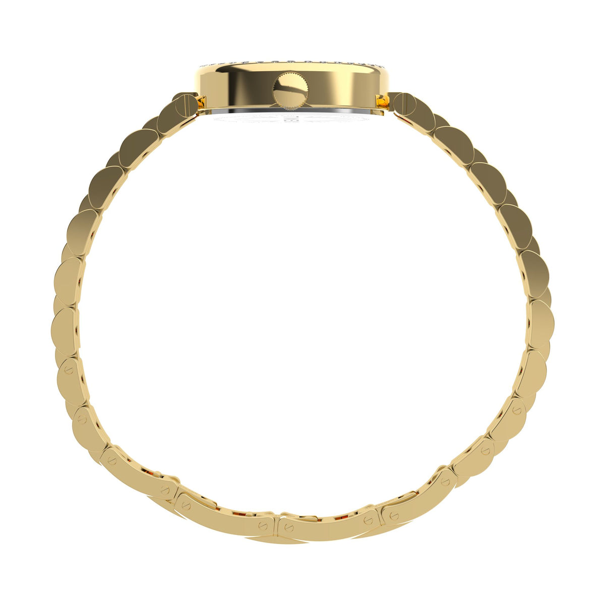 Timex Cavatina TW2Y90100 champagne dial with crystal-set bezel on a gold-tone bracelet, case profile