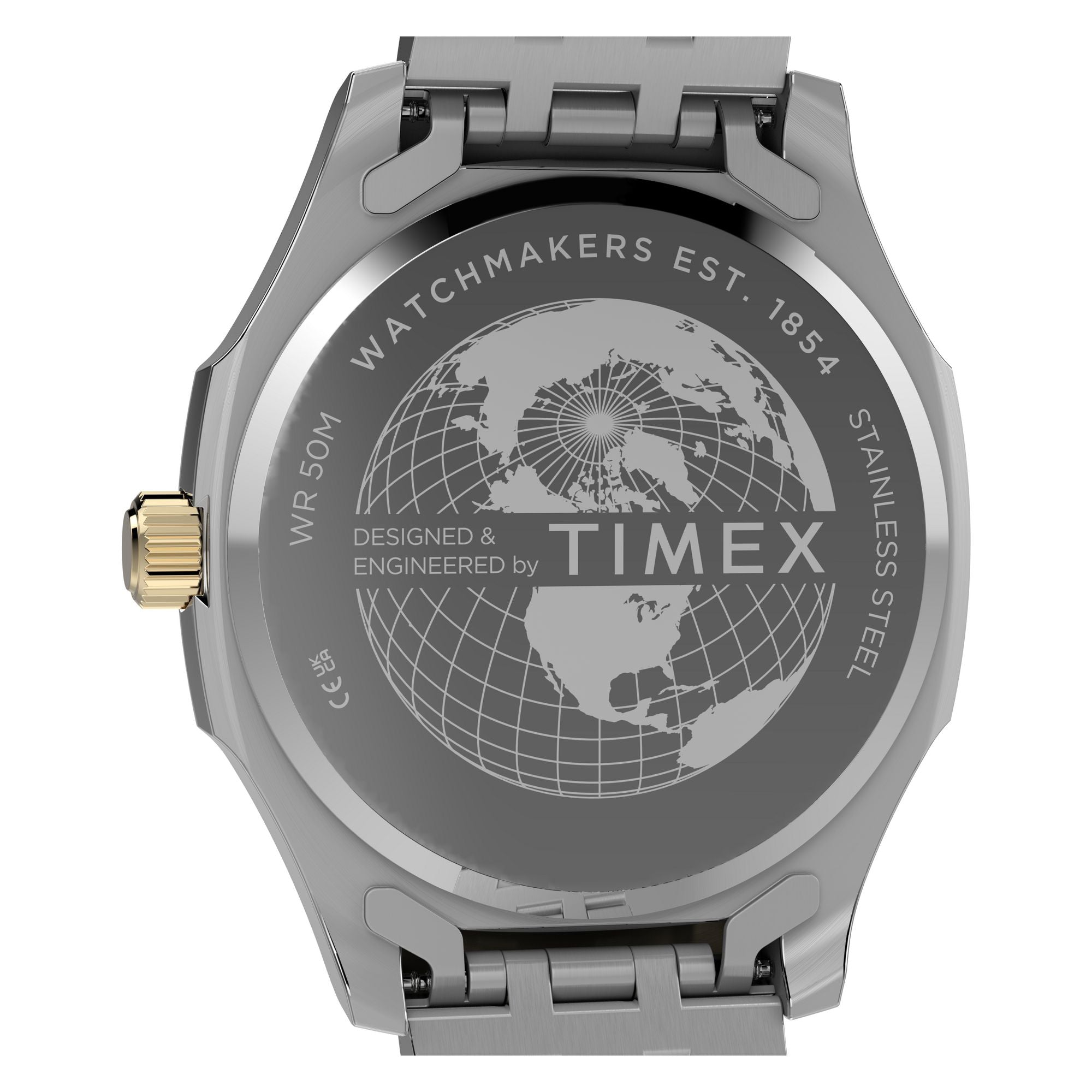 Timex TW2Y91400 green ribbed dial on a two-tone bracelet, caseback