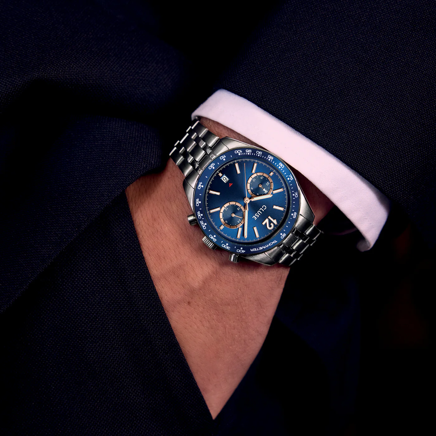 CLUSE Aravis Dual Time Chronograph Blue Dial Stainless Steel Link Band Watch CW25601
