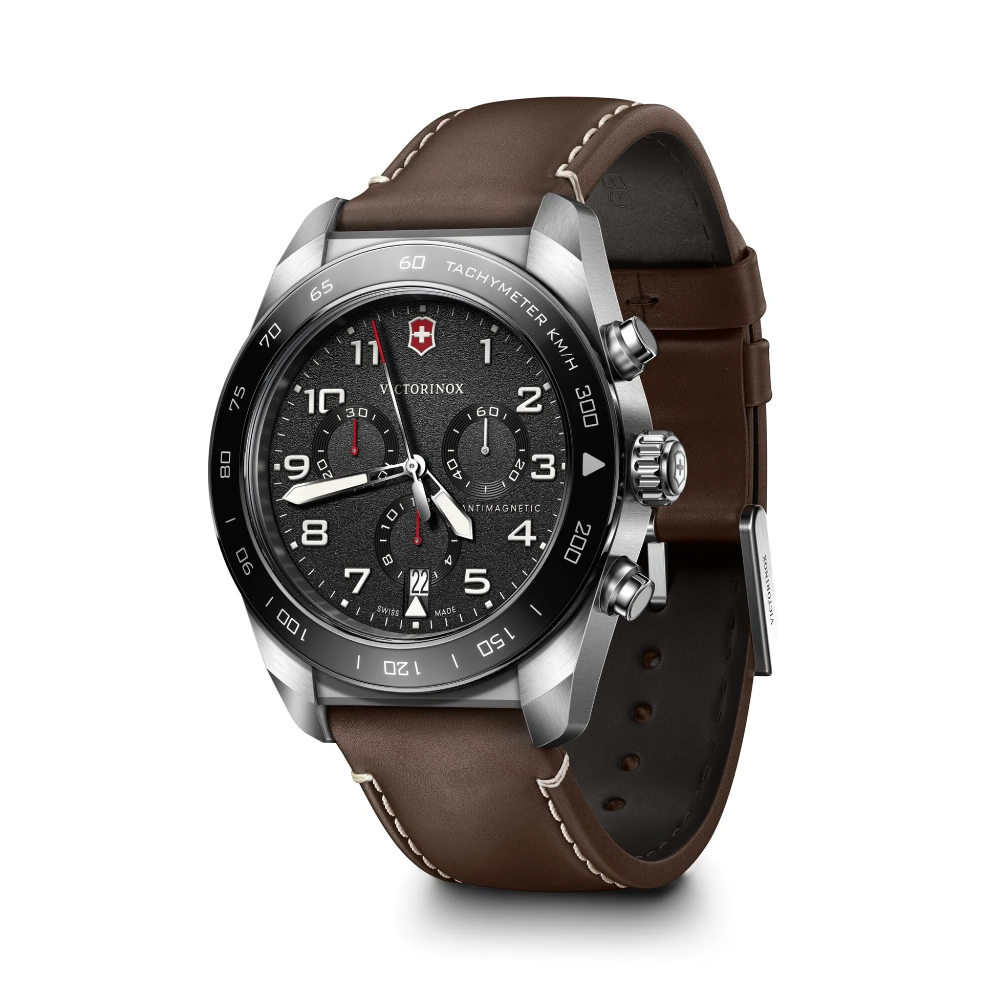 Victorinox Swiss Army Chrono Black Dial Brown Leather Band Mens Watch 242046