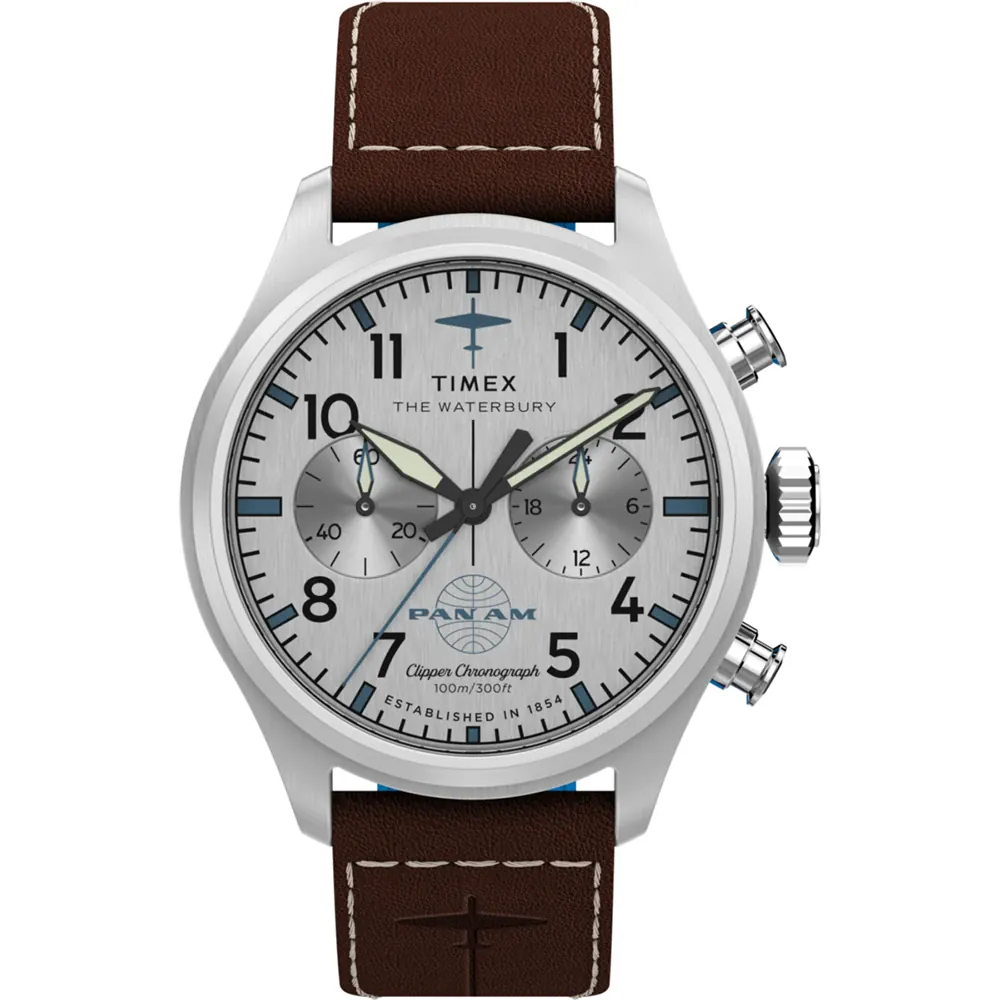 Timex x Pan Am Waterbury Chronograph Silver Dial and Brown Leather Strap Watch TW2Y38700