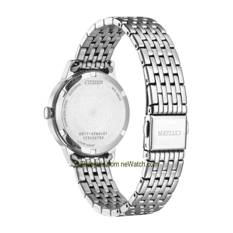 Citizen EW2621-59M green dial ladies watch, detail of the stainless steel bracelet and clasp