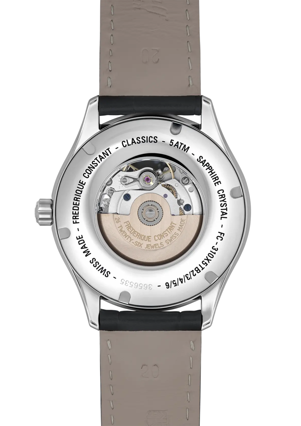 Back of a mechanical wristwatch with a transparent case showing the internal movement.