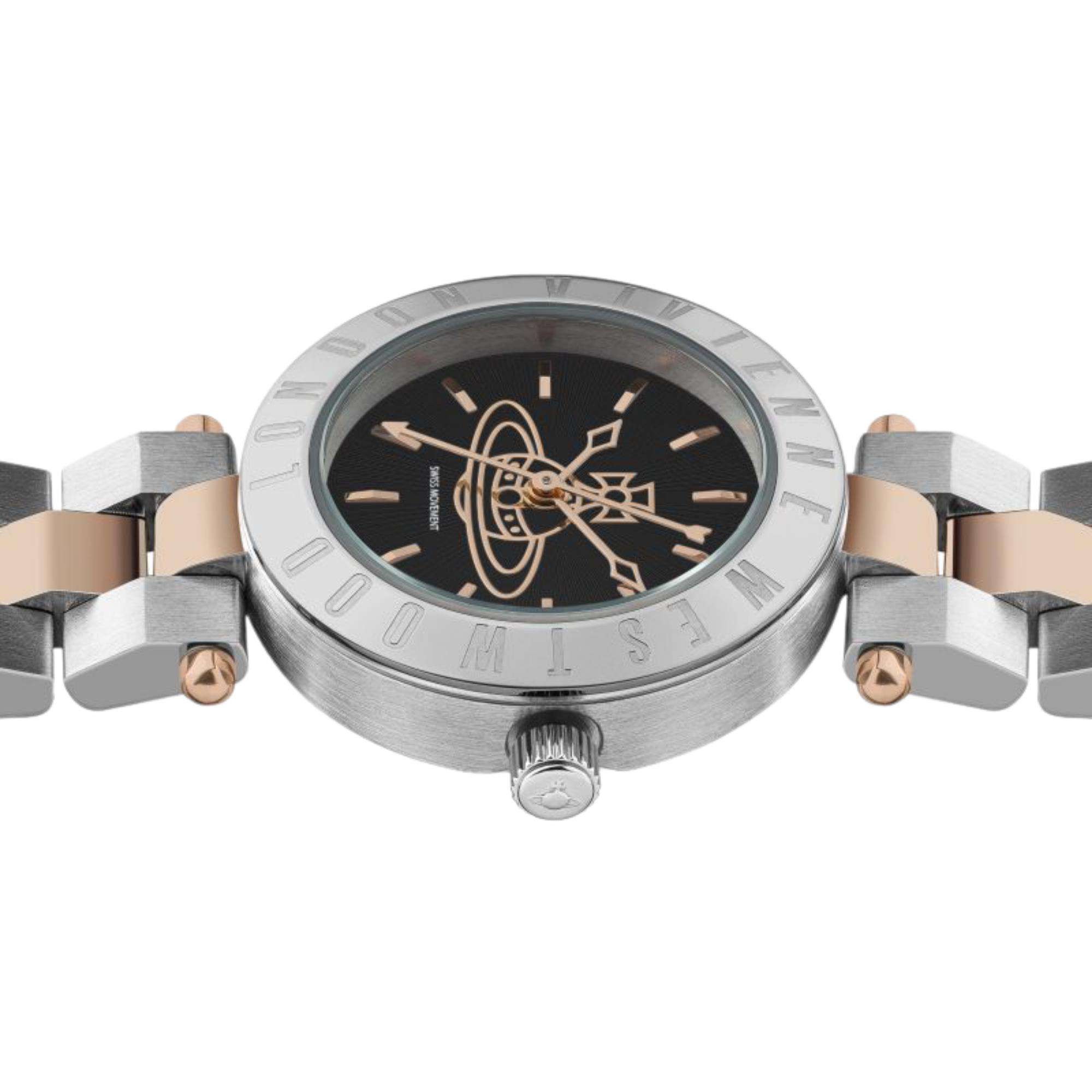 Vivienne Westwood Westbourne women's watch with a black dial and two tone stainless steel bracelet. Side profile view.
