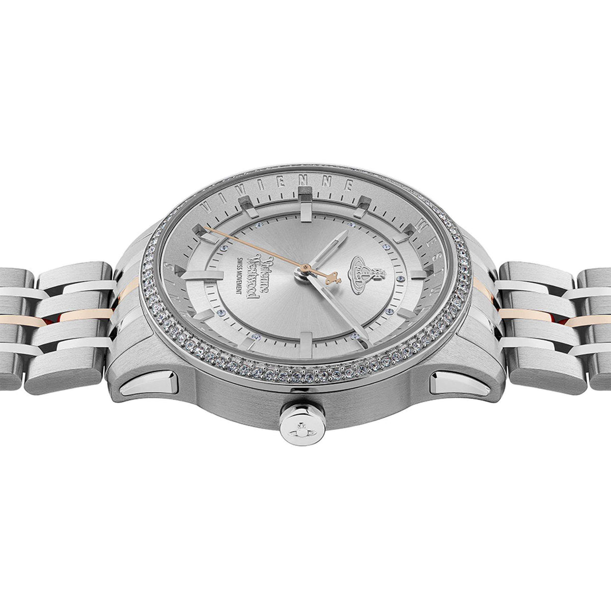 Vivienne Westwood East End women's watch with a silver dial and two tone stainless steel bracelet. Shown at an angle.