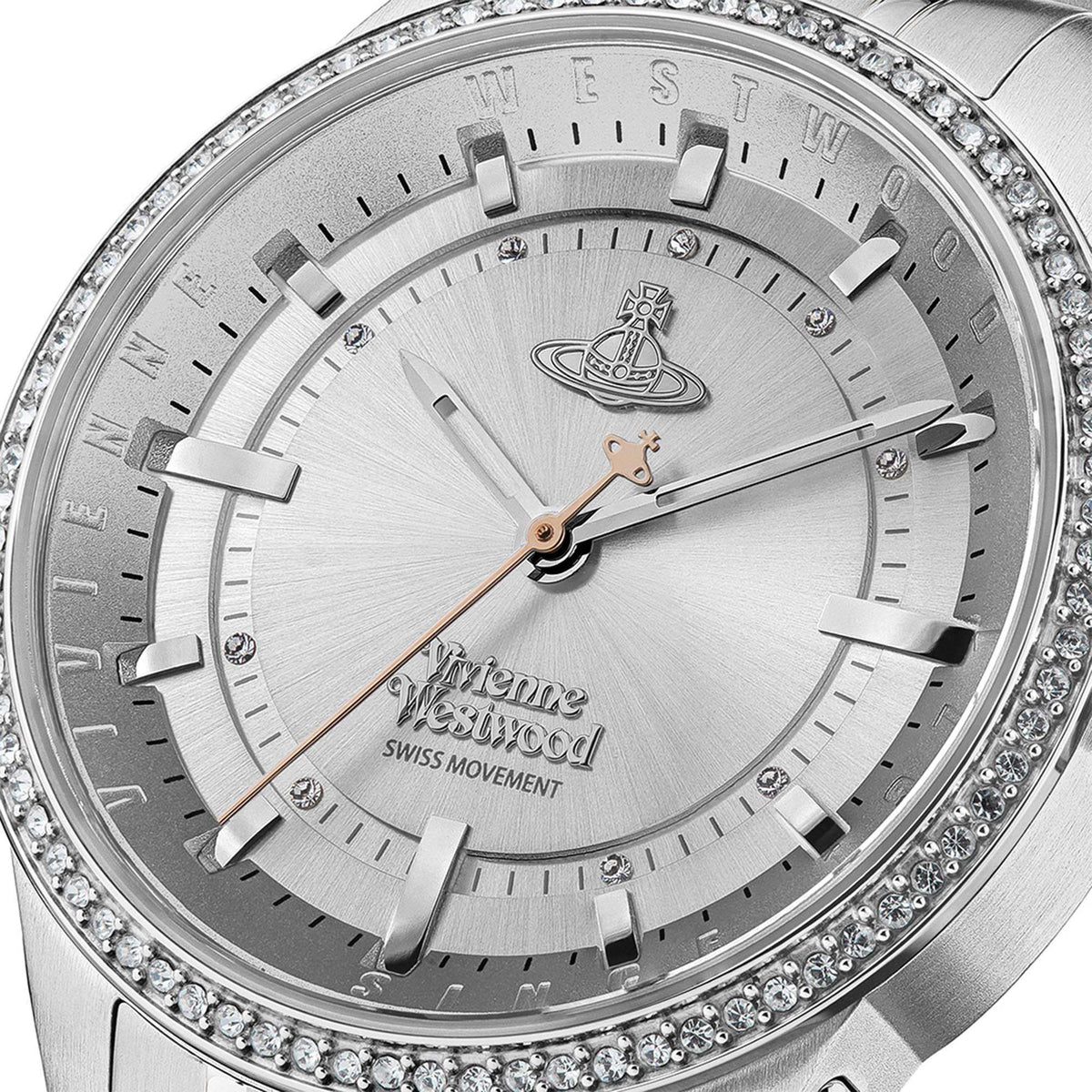 Vivienne Westwood East End women's watch with a silver dial and two tone stainless steel bracelet. Side profile view.