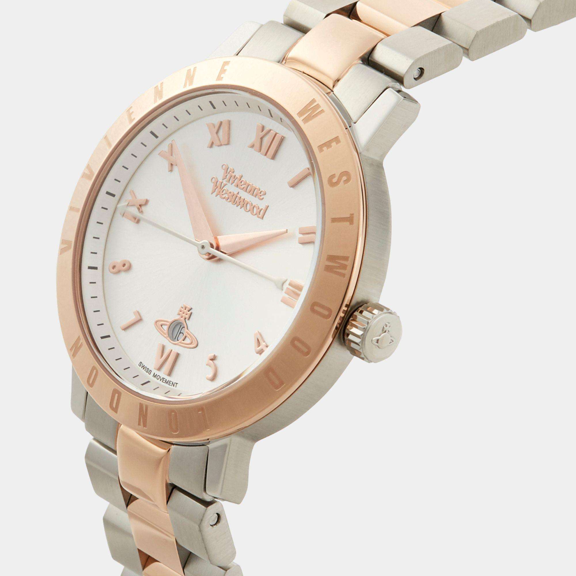 Vivienne Westwood Bloomsbury women's watch with a silver dial and two tone stainless steel bracelet. Shown at an angle.