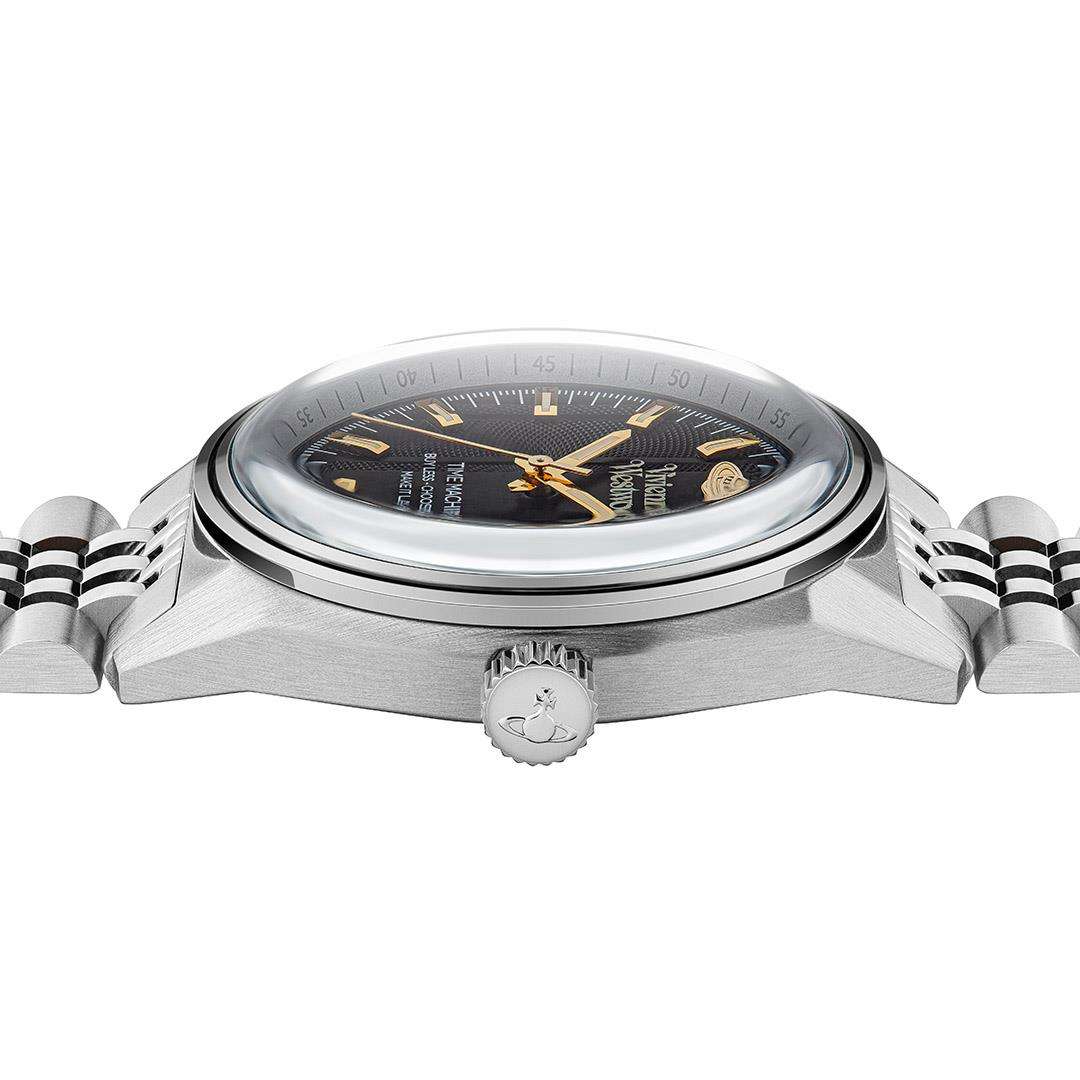 Vivienne Westwood Sydenham men's watch with a black dial and silver stainless steel bracelet. Side profile view.