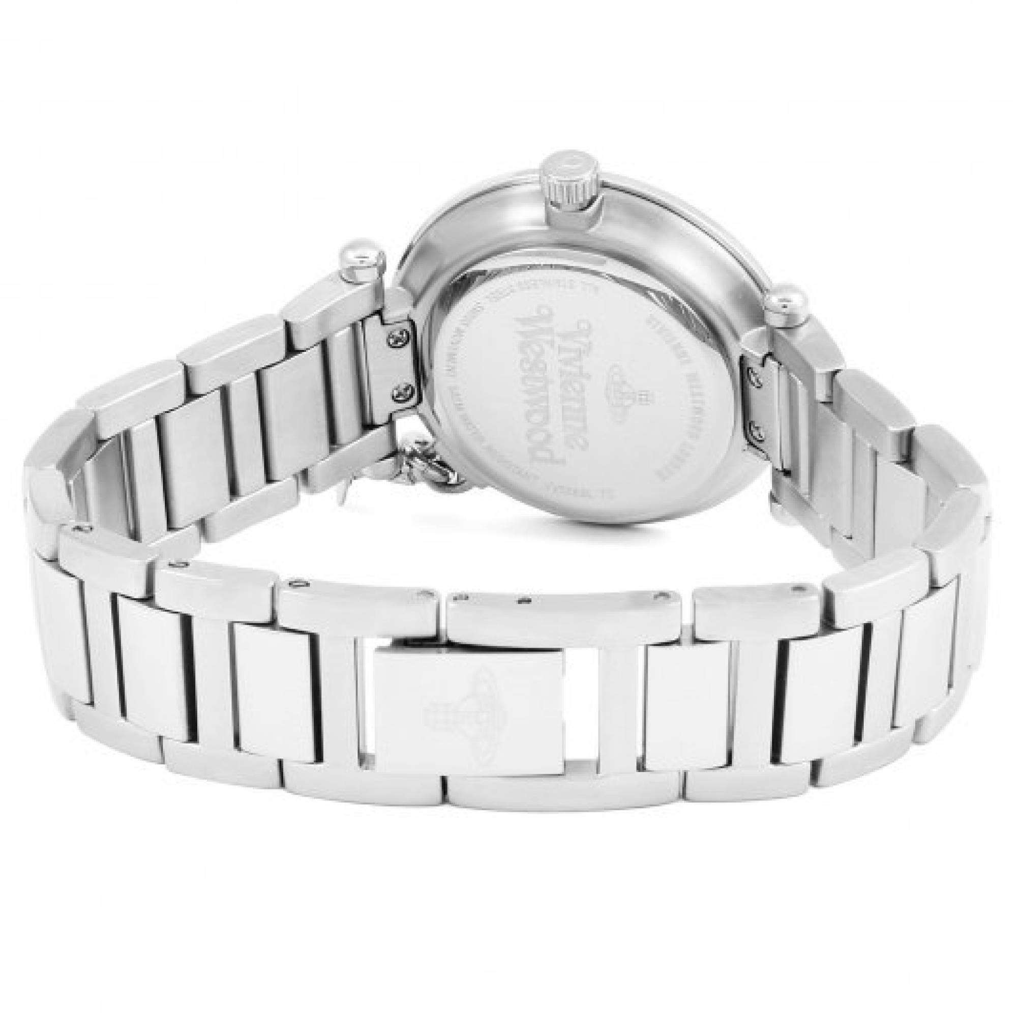 Vivienne Westwood Orb women's watch with a silver dial and silver stainless steel bracelet. Shown at an angle.