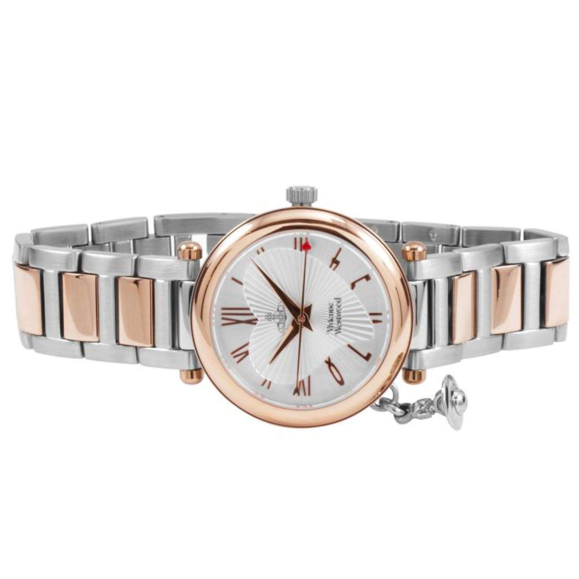 Vivienne Westwood Orb women's watch with a silver dial and two tone stainless steel bracelet. Close-up detail view.